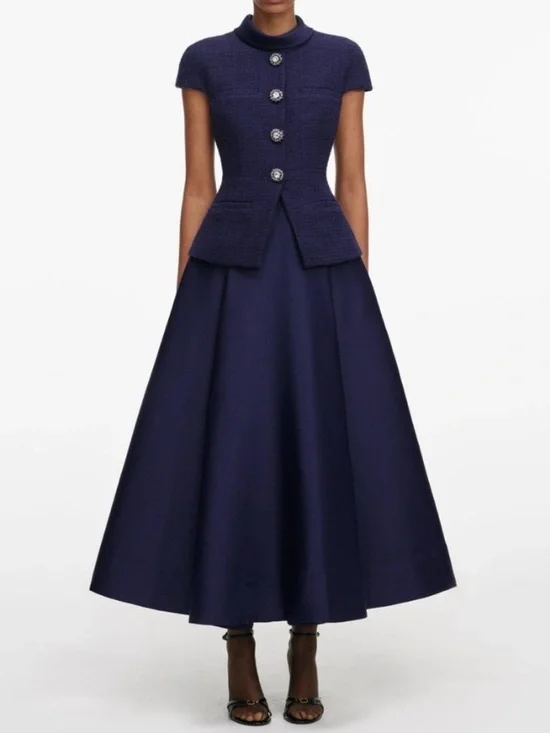 Self-Portrait Navy Boucle Taffeta Midi Dress - Picture 1 of 3